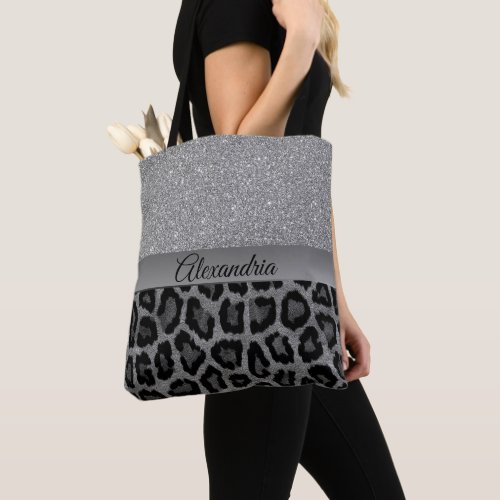 Glitter Glam Grey and Black Leopard Tote Bag