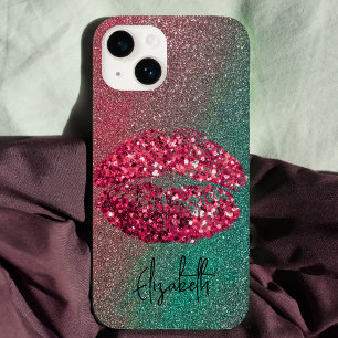 Glitter Glam Hot Pink Ombre Lipstick Kiss Imprint Case-Mate iPhone 14 Case