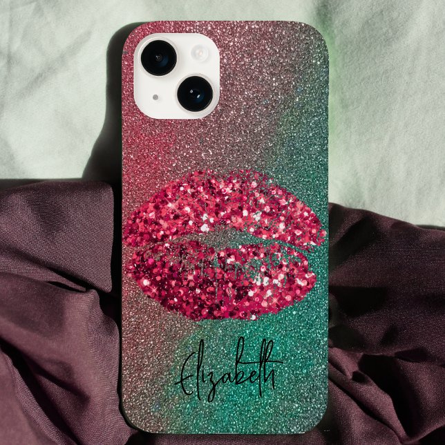 Glitter Glam Hot Pink Ombre Lipstick Kiss Imprint Case-Mate iPhone Case (Creator Uploaded)