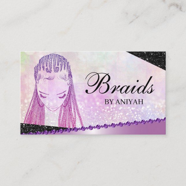 Glitter Glam Modern Hair Braiding Salon Business Card (Front)