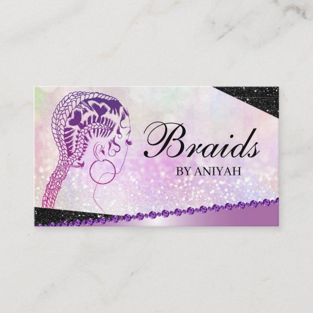 Glitter Glam Modern Hair Braiding Salon Business Card (Front)