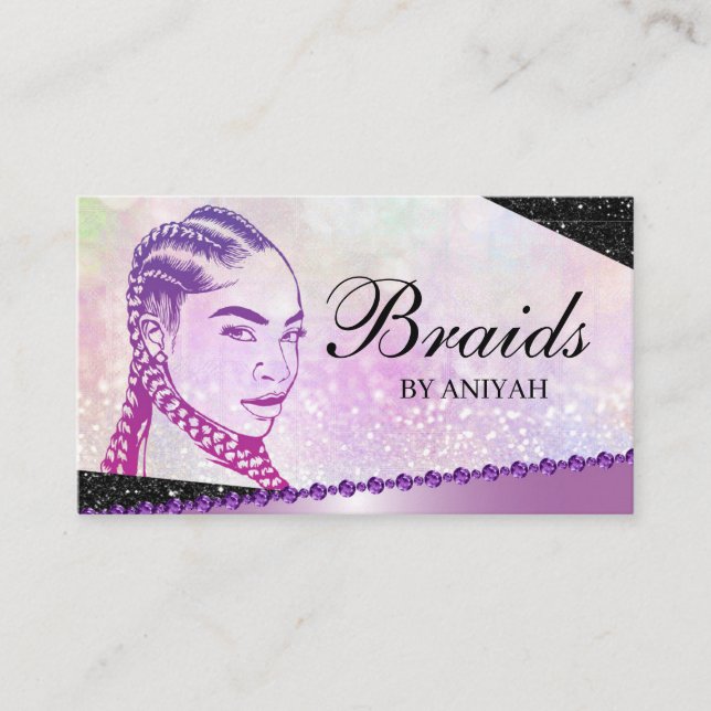 Glitter Glam Modern Hair Braiding Salon Business Card (Front)