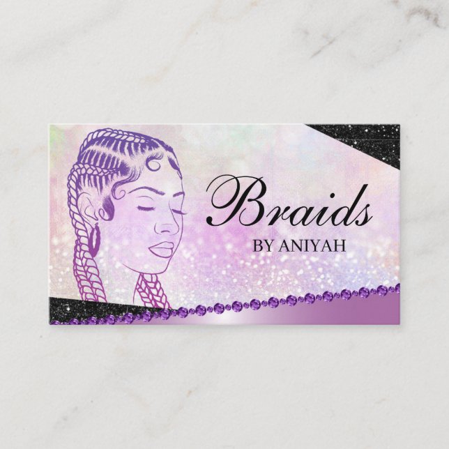 Glitter Glam Modern Hair Braiding Salon Business Card (Front)