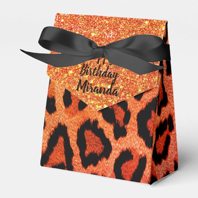Glitter Glam Orange Leopard Personalized Favor Boxes (Front Side)