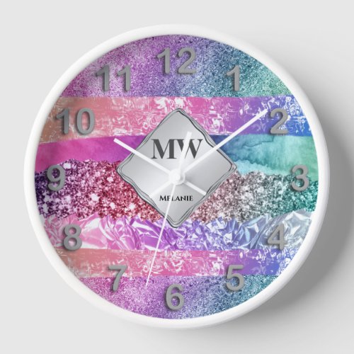 Glitter glam rainbow shimmer girly fantasy analog clock