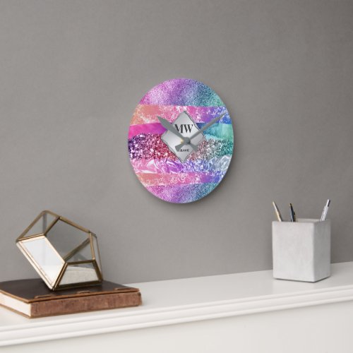 Glitter glam rainbow shimmer girly fantasy initial round clock