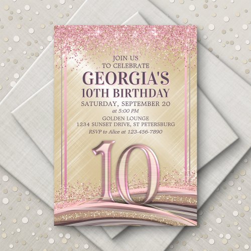 Glitter Glam Rose Gold 10th Birthday Invitation