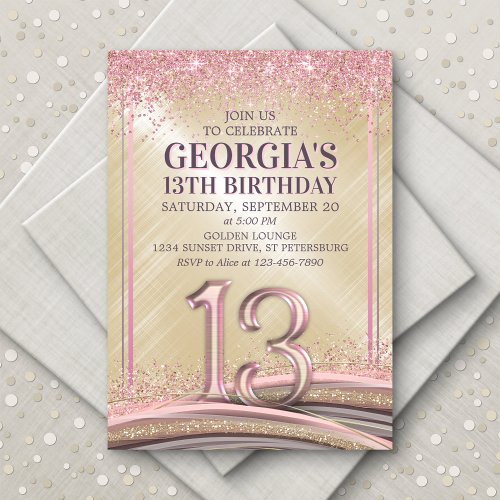 Glitter Glam Rose Gold 13th Birthday Invitation