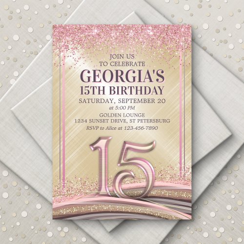 Glitter Glam Rose Gold 15th Birthday Invitation