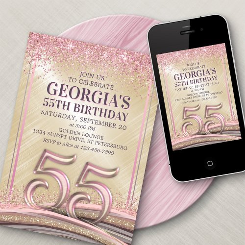 Glitter Glam Rose Gold 55th Birthday Invitation