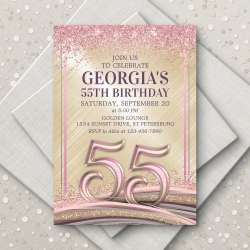 Glitter Glam Rose Gold 55th Birthday Invitation