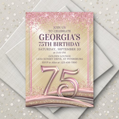 Glitter Glam Rose Gold 75h Birthday Invitation