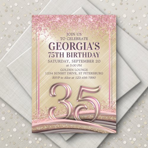 Glitter Glam Rose Gold 75h Birthday Invitation