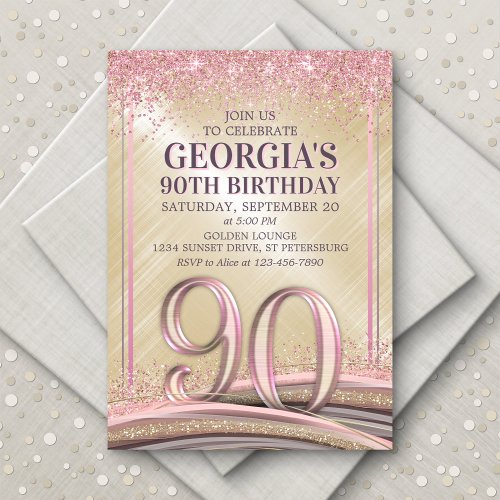 Glitter Glam Rose Gold 90th Birthday Invitation