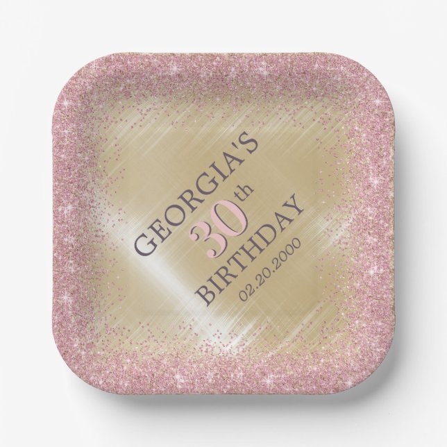 Glitter Glam Rose Gold Birthday Paper Plates (Front)