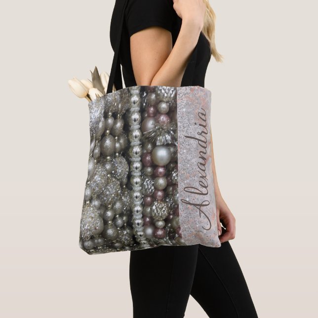 Glitter Glam Silver Beads  Personalized Tote Bag (Close Up)