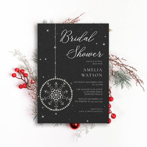 Glitter Glam Snowflake Black Winter Bridal Shower Invitation
