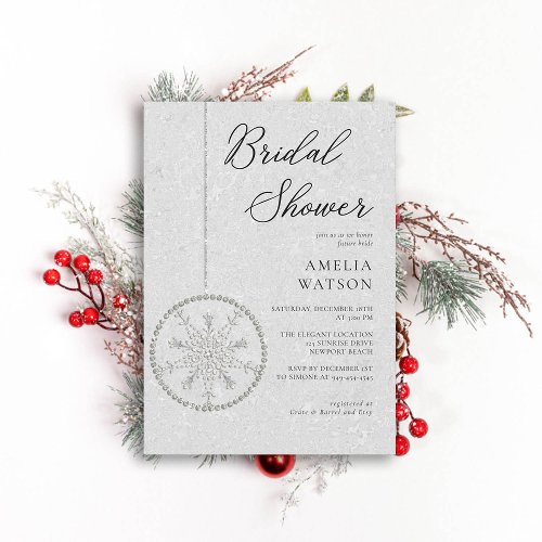Glitter Glam Snowflake White Winter Bridal Shower Invitation