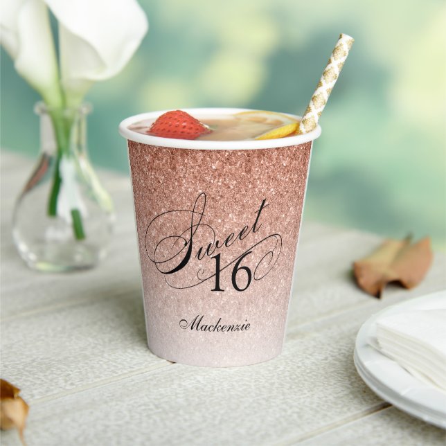 Glitter Glam Sweet 16 Rose Gold Personalized  Paper Cups (Insitu)