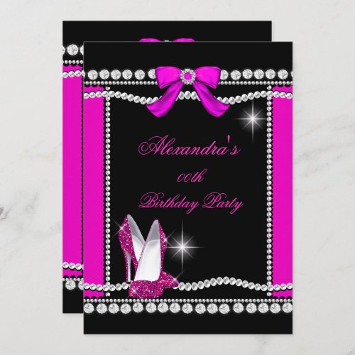Glitter Glamour Black Hot Pink High Heels Birthday Invitation
