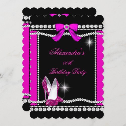 Glitter Glamour Black Hot Pink High Heels Birthday Invitation