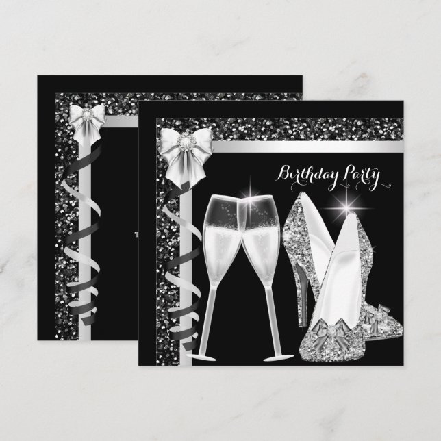 Glitter Glamour Hi Heels Silver Black Champagne 2 Invitation (Front/Back)