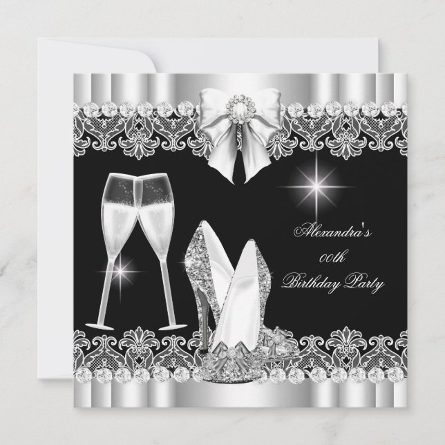 Glitter Glamour Hi Heels Silver Black Champagne Invitation (Front)