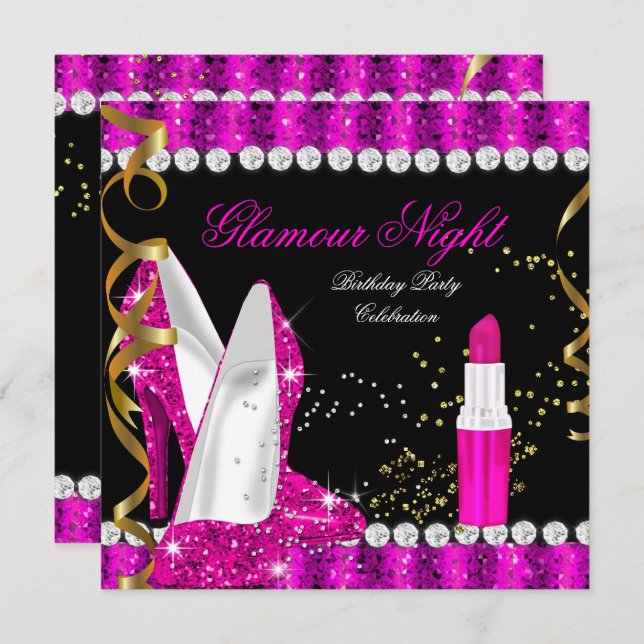 Glitter Glamour Hot Pink Gold Black Birthday Invitation (Front/Back)