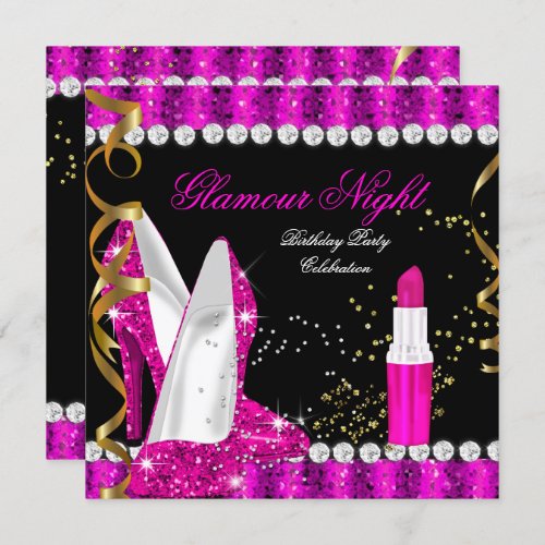 Glitter Glamour Hot Pink Gold Black Birthday Invitation