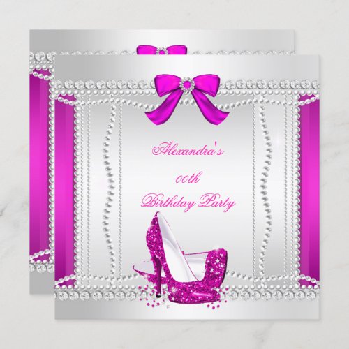 Glitter Glamour Hot Pink High Heels Pearls Party 2 Invitation