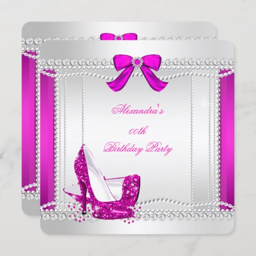 Glitter Glamour Hot Pink High Heels Pearls Party Invitation