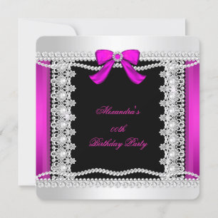 Glitter Glamour Hot Pink Pearls Lace Black Invitation