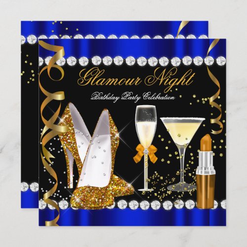Glitter Glamour Night Blue Gold Black Party Invitation