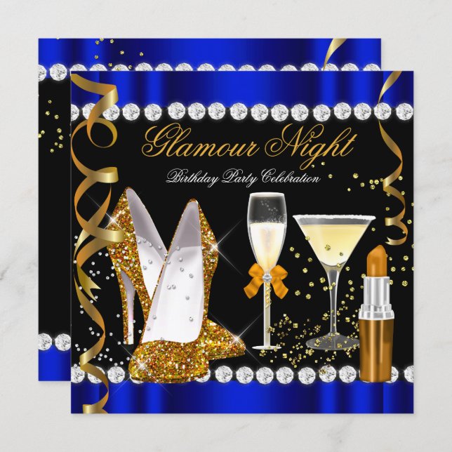 Glitter Glamour Night Blue Gold Black Party Invitation (Front/Back)