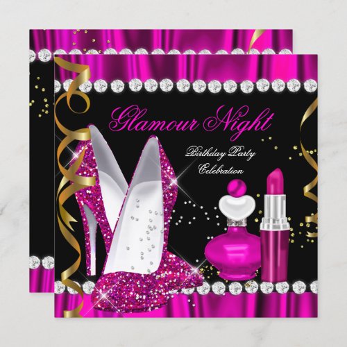 Glitter Glamour Night Deep Pink Gold Black Party 2 Invitation