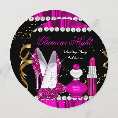 Glitter Glamour Night Deep Pink Gold Black Party a Invitation