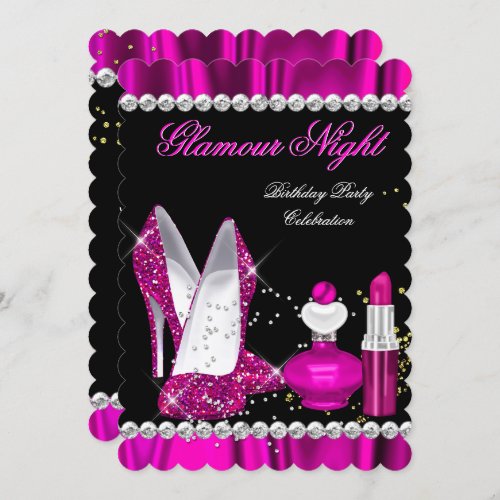 Glitter Glamour Night Deep Pink Gold Black Party b Invitation