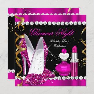 Glitter Glamour Night Deep Pink Gold Black Party Invitation