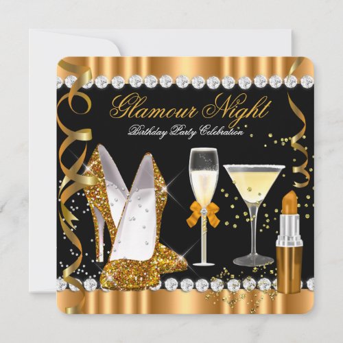 Glitter Glamour Night Gold Black Silver Party 2 Invitation