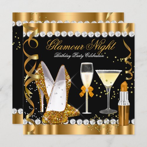 Glitter Glamour Night Gold Black Silver Party Invitation