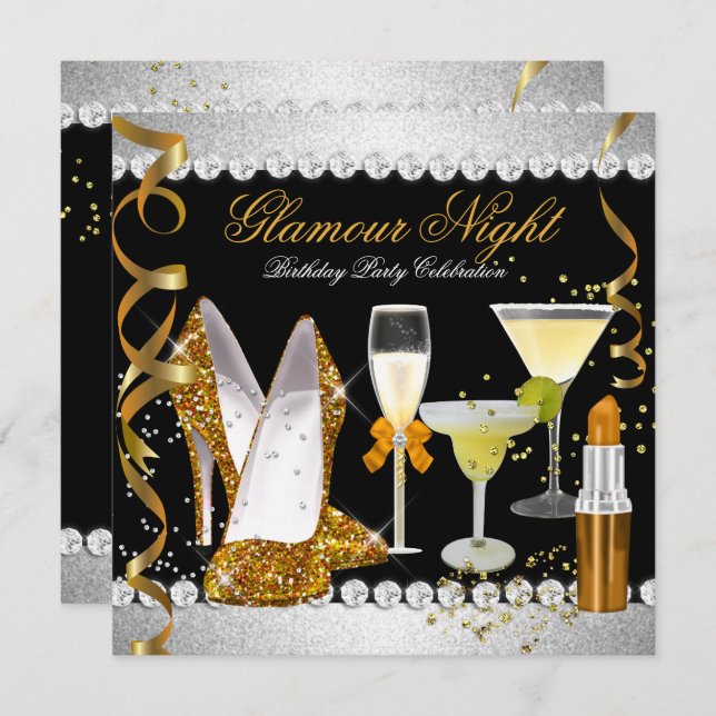 Glitter Glamour Night Gold Black Silver Party Invitation (Front/Back)