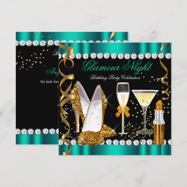 Glitter Glamour Night Jade Gold Black Party 2 Invitation (Front/Back)