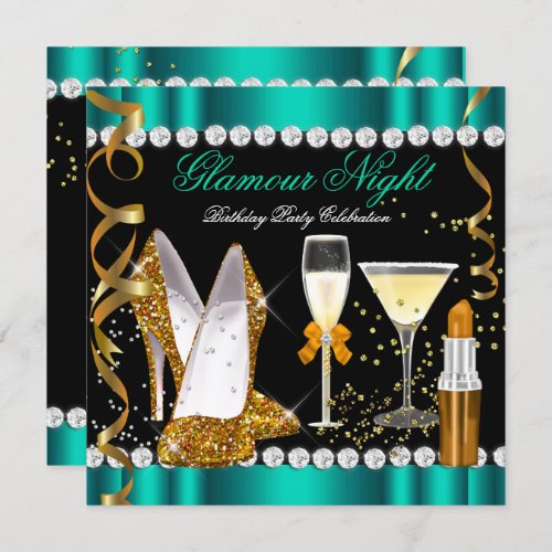 Glitter Glamour Night Jade Gold Black Party 2 Invitation