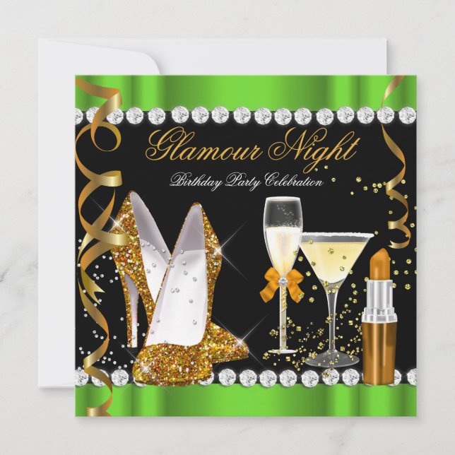 Glitter Glamour Night Lime Green Gold Black Party Invitation (Front)