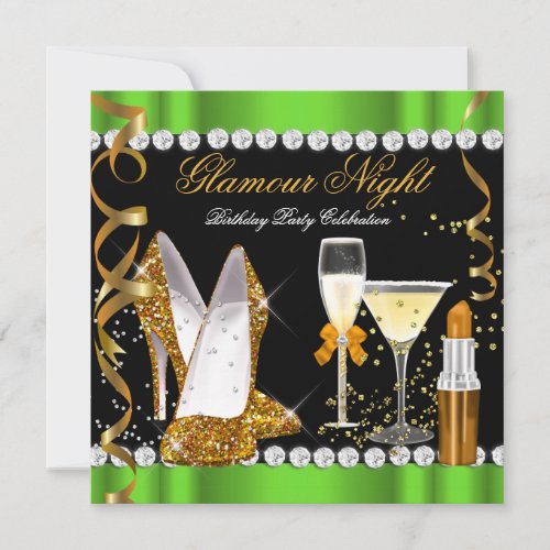 Glitter Glamour Night Lime Green Gold Black Party Invitation