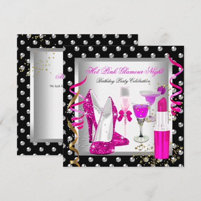 Glitter Glamour Night Pink Silver Birthday Party Invitation (Front/Back)