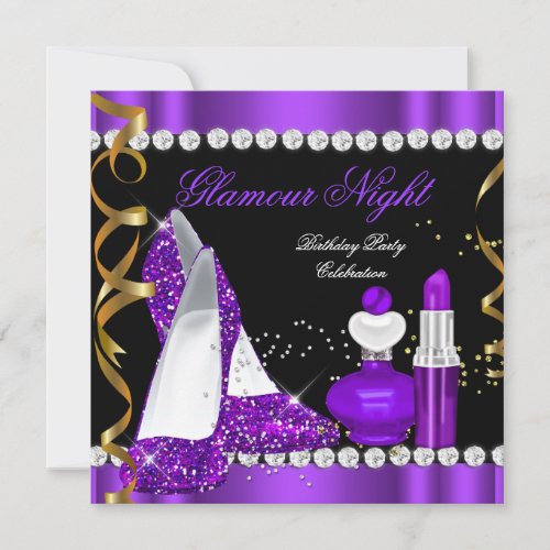 Glitter Glamour Night Purple Gold Black Party Invitation