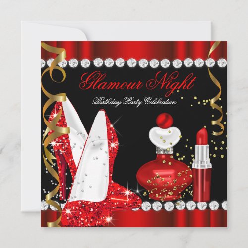 Glitter Glamour Night Red Gold Black Party Invitation