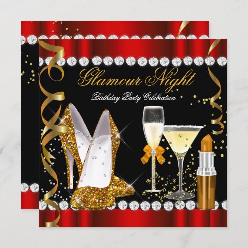 Glitter Glamour Night Red Gold Black Party Invitation