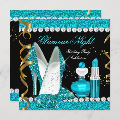 Glitter Glamour Night Teal Blue Gold Black Party 2 Invitation